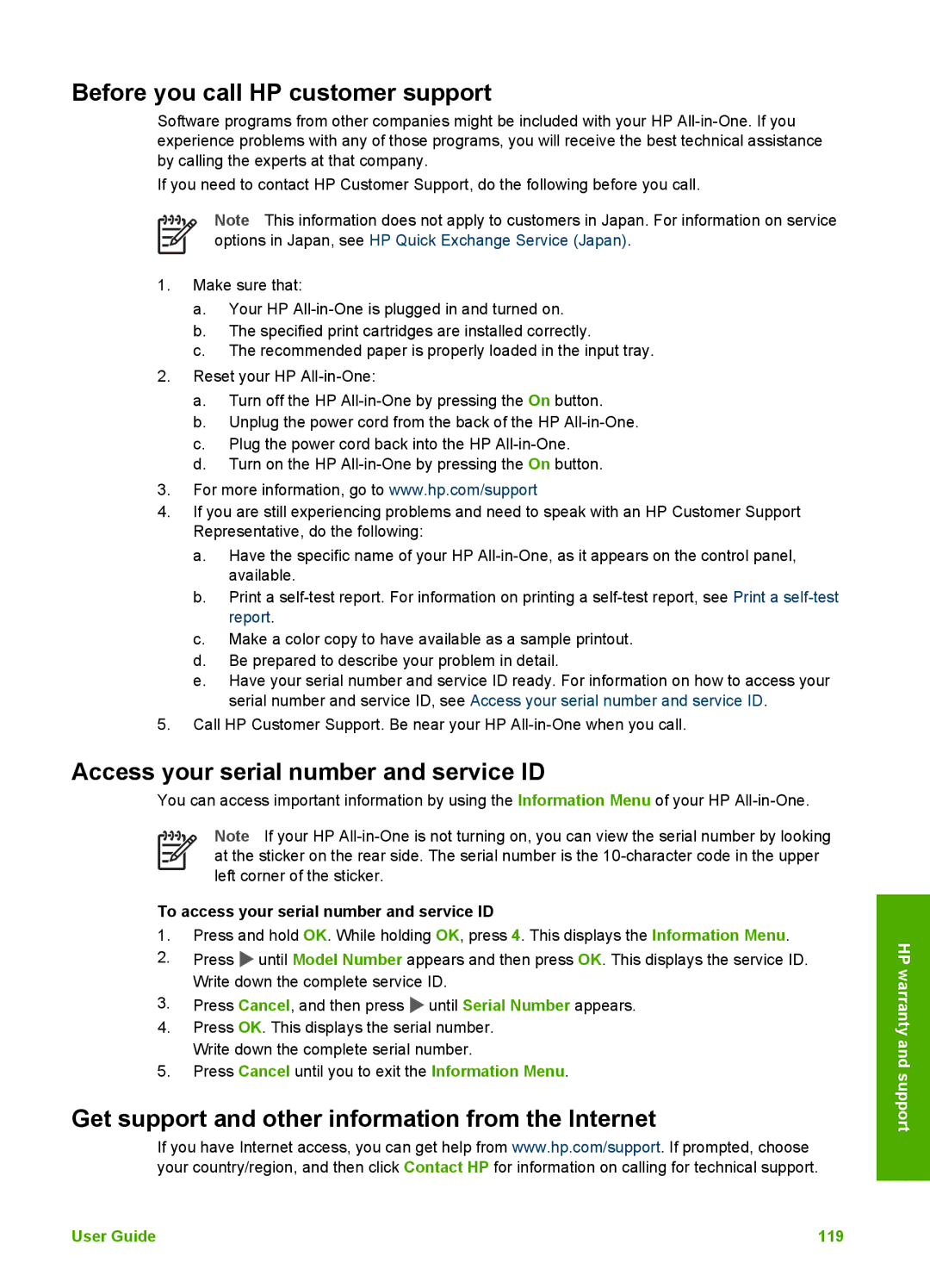 HP 5610xi, 5610v, 5605 manual Before you call HP customer support, Access your serial number and service ID 