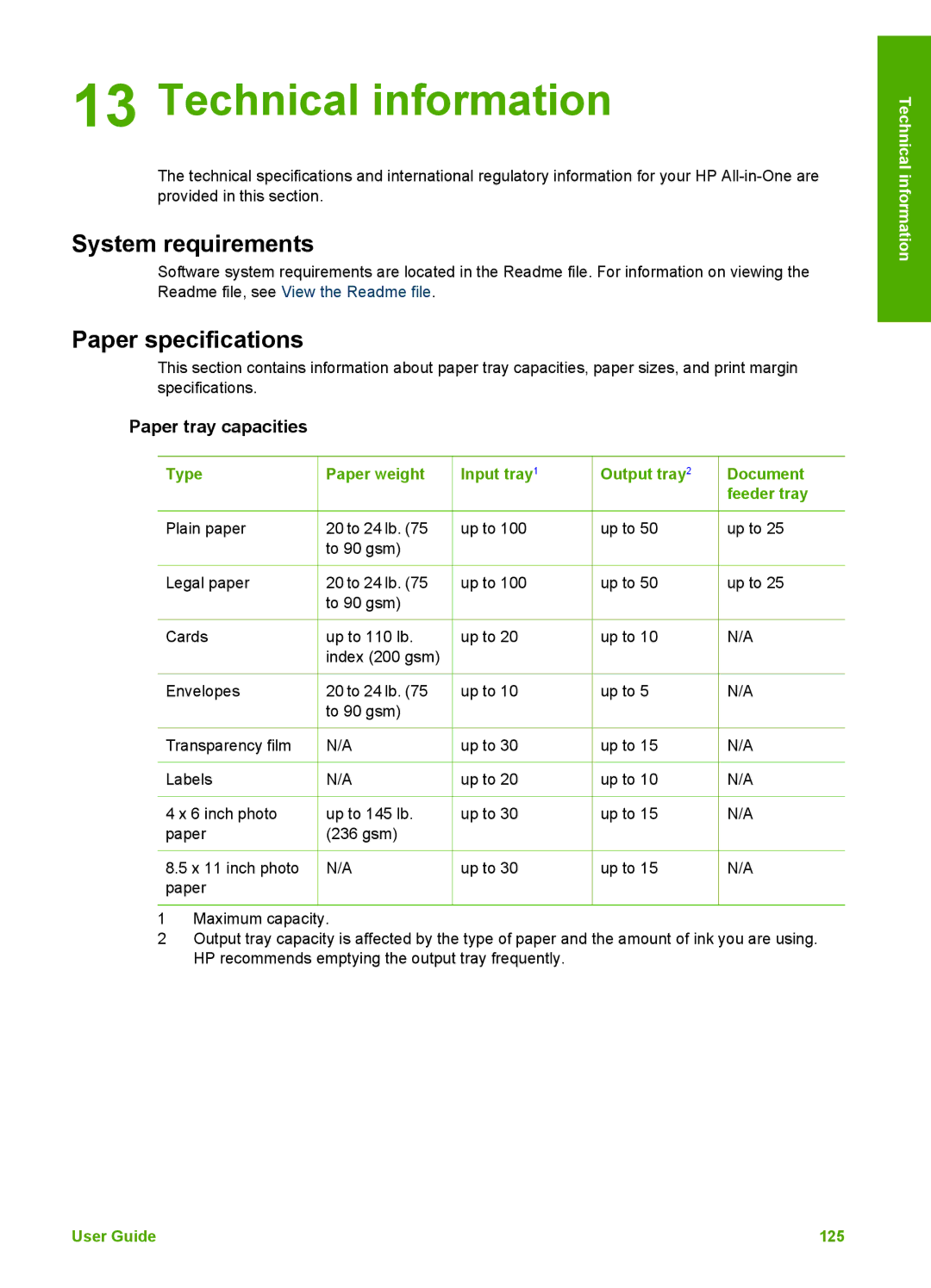 HP 5610v, 5610xi, 5605 manual Technical information, System requirements, Paper specifications, Paper tray capacities 