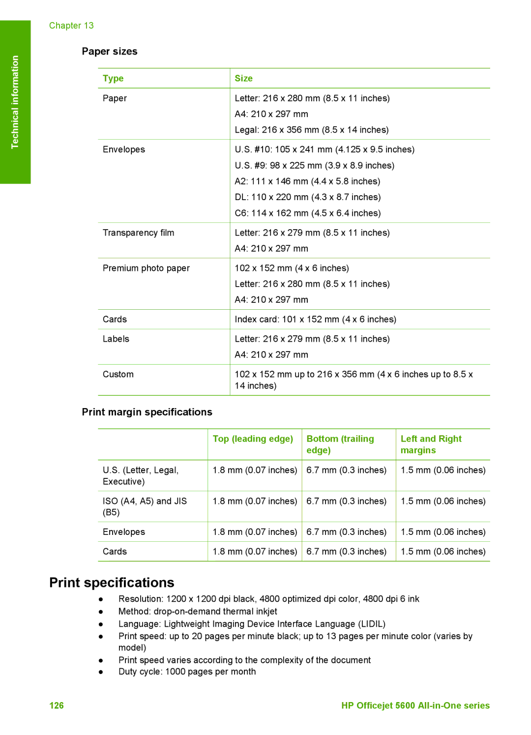 HP 5610v, 5610xi, 5605 manual Print specifications, Paper sizes, Print margin specifications 