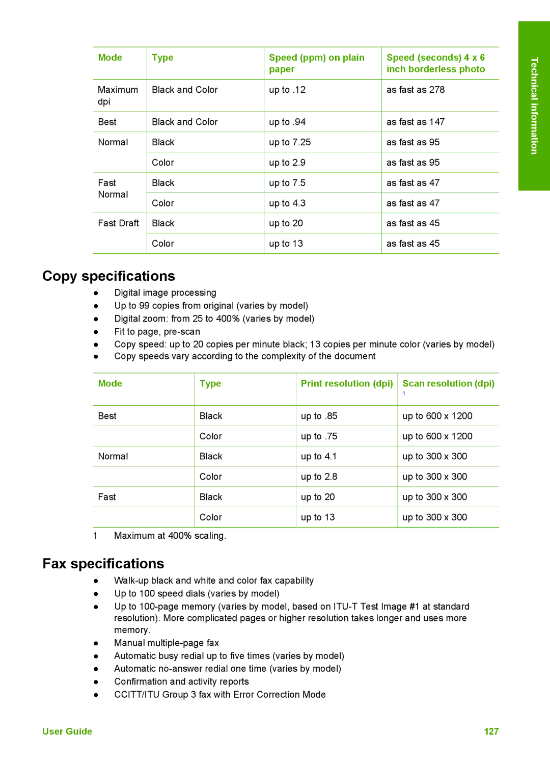 HP 5610xi, 5610v, 5605 manual Copy specifications, Fax specifications 