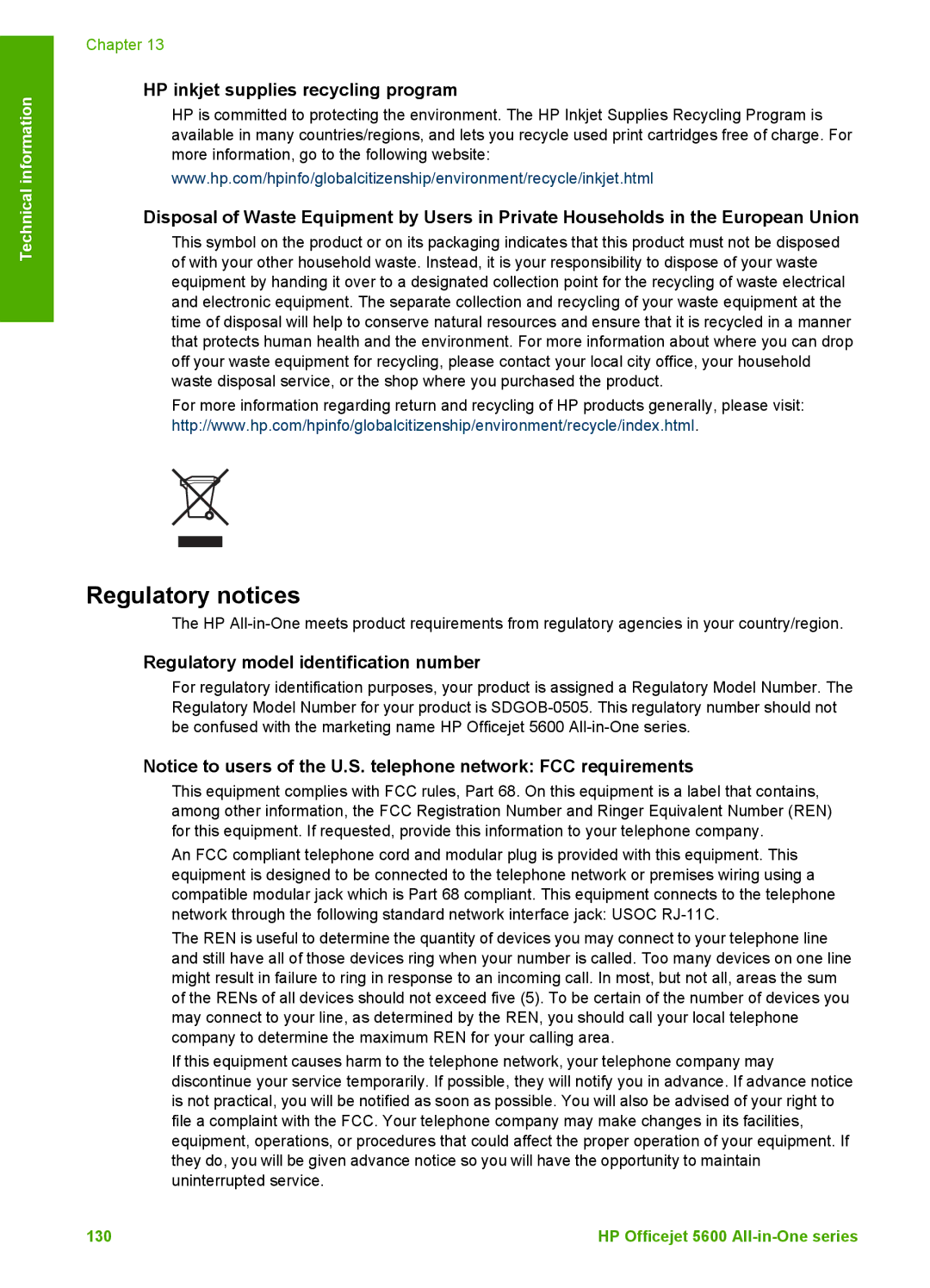 HP 5610v, 5610xi, 5605 Regulatory notices, HP inkjet supplies recycling program, Regulatory model identification number 