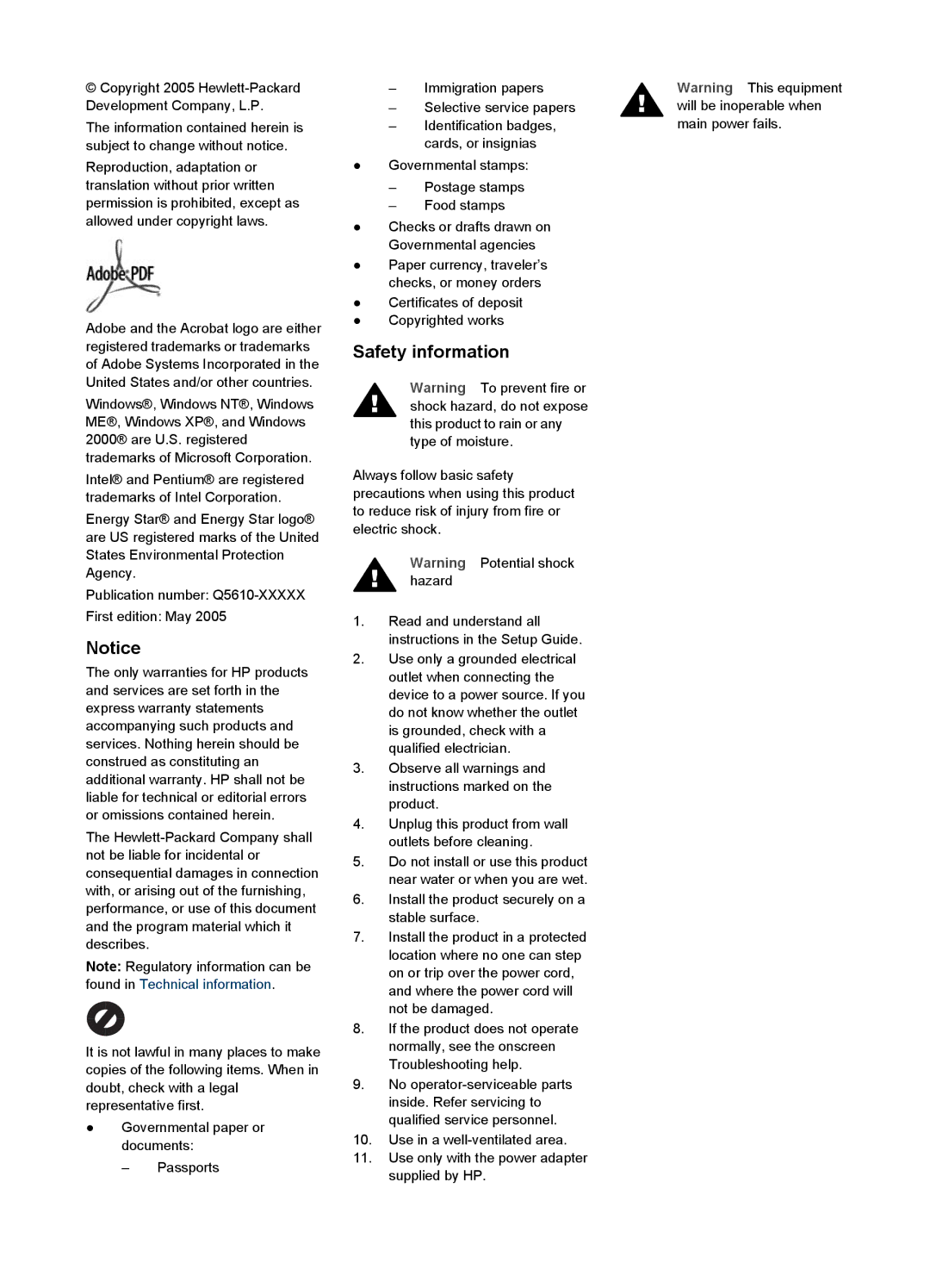 HP 5605, 5610v, 5610xi manual Safety information 