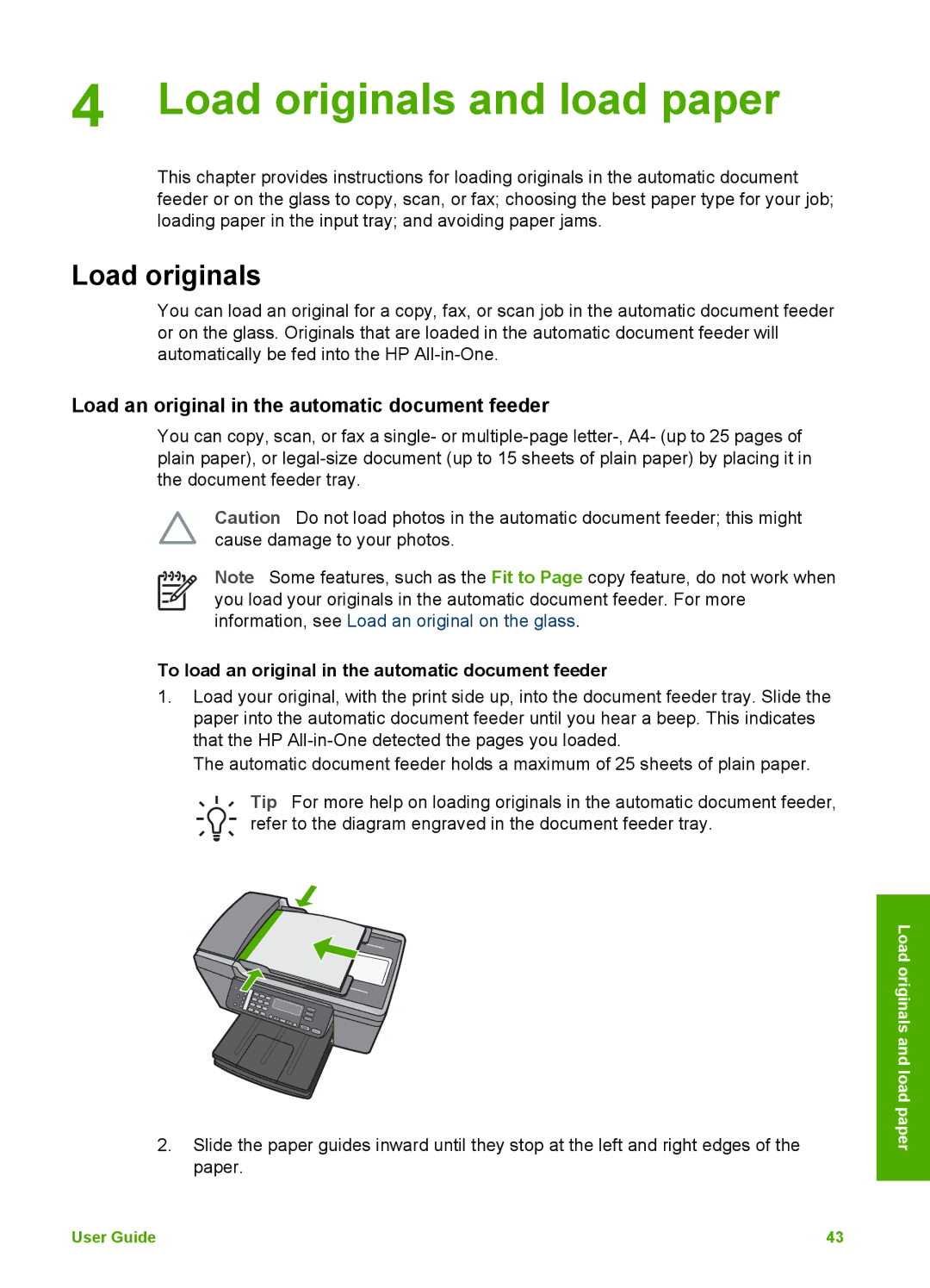 HP 5610xi, 5610v, 5605 manual Load originals and load paper, Load an original in the automatic document feeder 