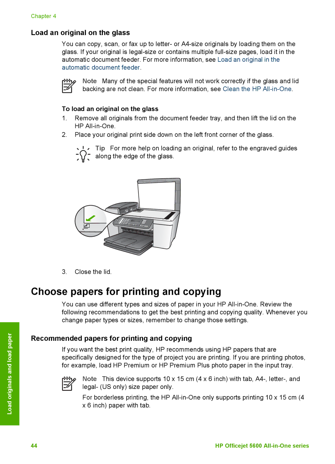 HP 5605 Choose papers for printing and copying, Load an original on the glass, Recommended papers for printing and copying 