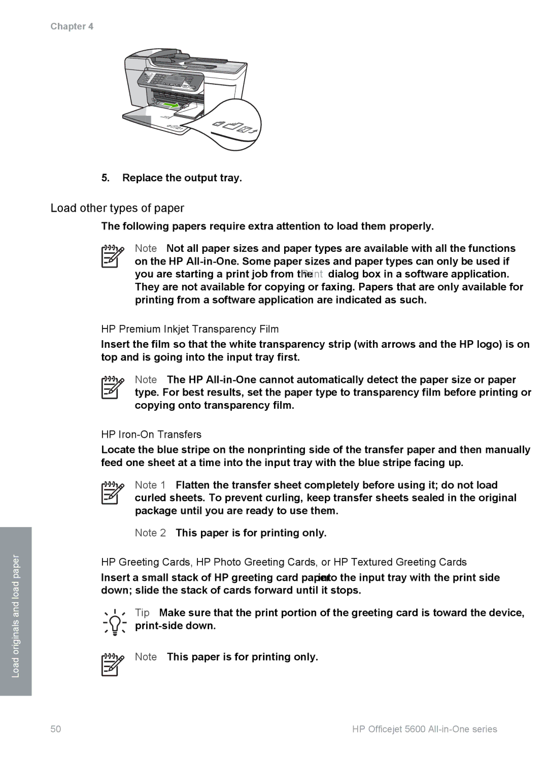 HP 5610v, 5610xi, 5605 manual Load other types of paper, HP Premium Inkjet Transparency Film, HP Iron-On Transfers 