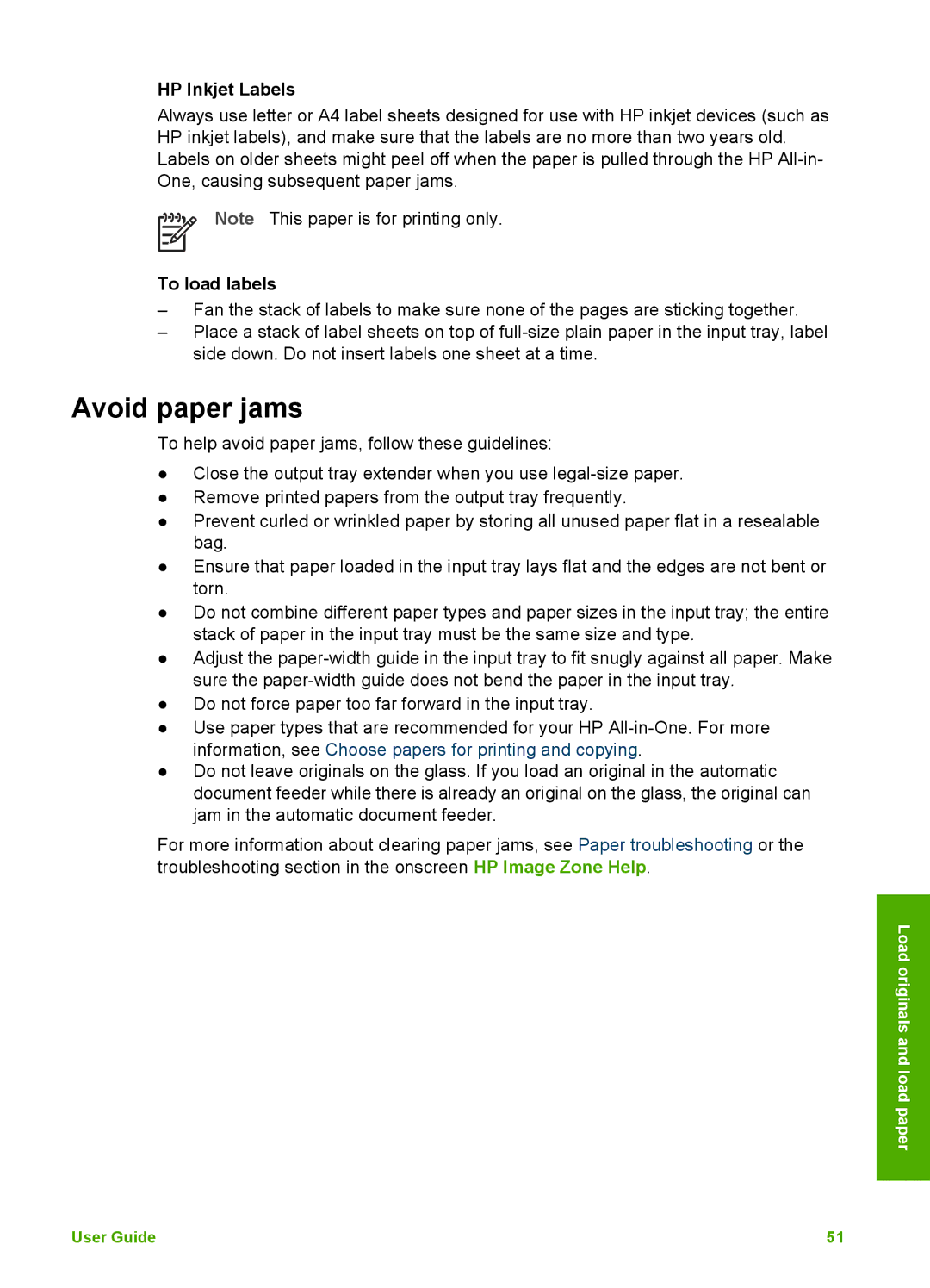 HP 5610xi, 5610v, 5605 manual Avoid paper jams, HP Inkjet Labels, To load labels 