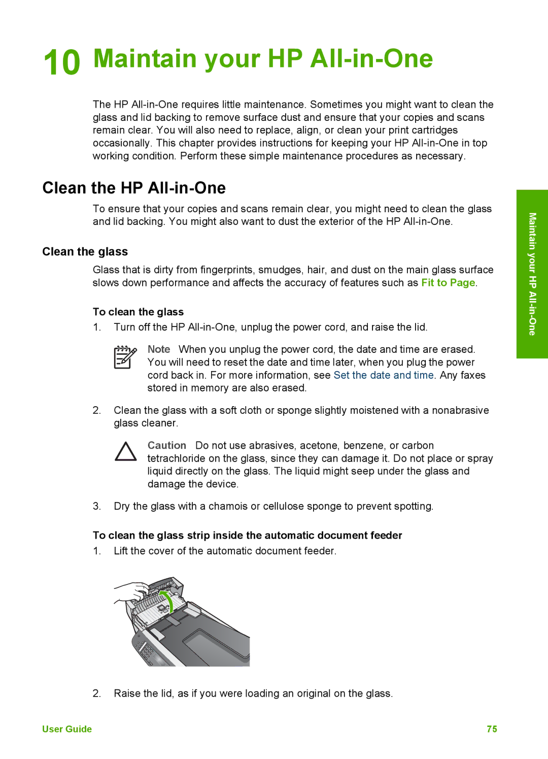 HP 5610xi, 5610v, 5605 manual Maintain your HP All-in-One, Clean the HP All-in-One, Clean the glass, To clean the glass 