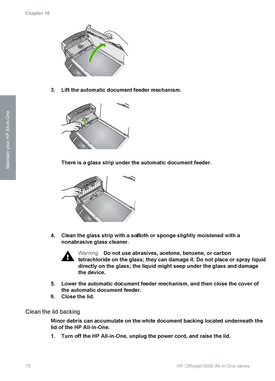 HP 5605, 5610v, 5610xi manual Clean the lid backing 