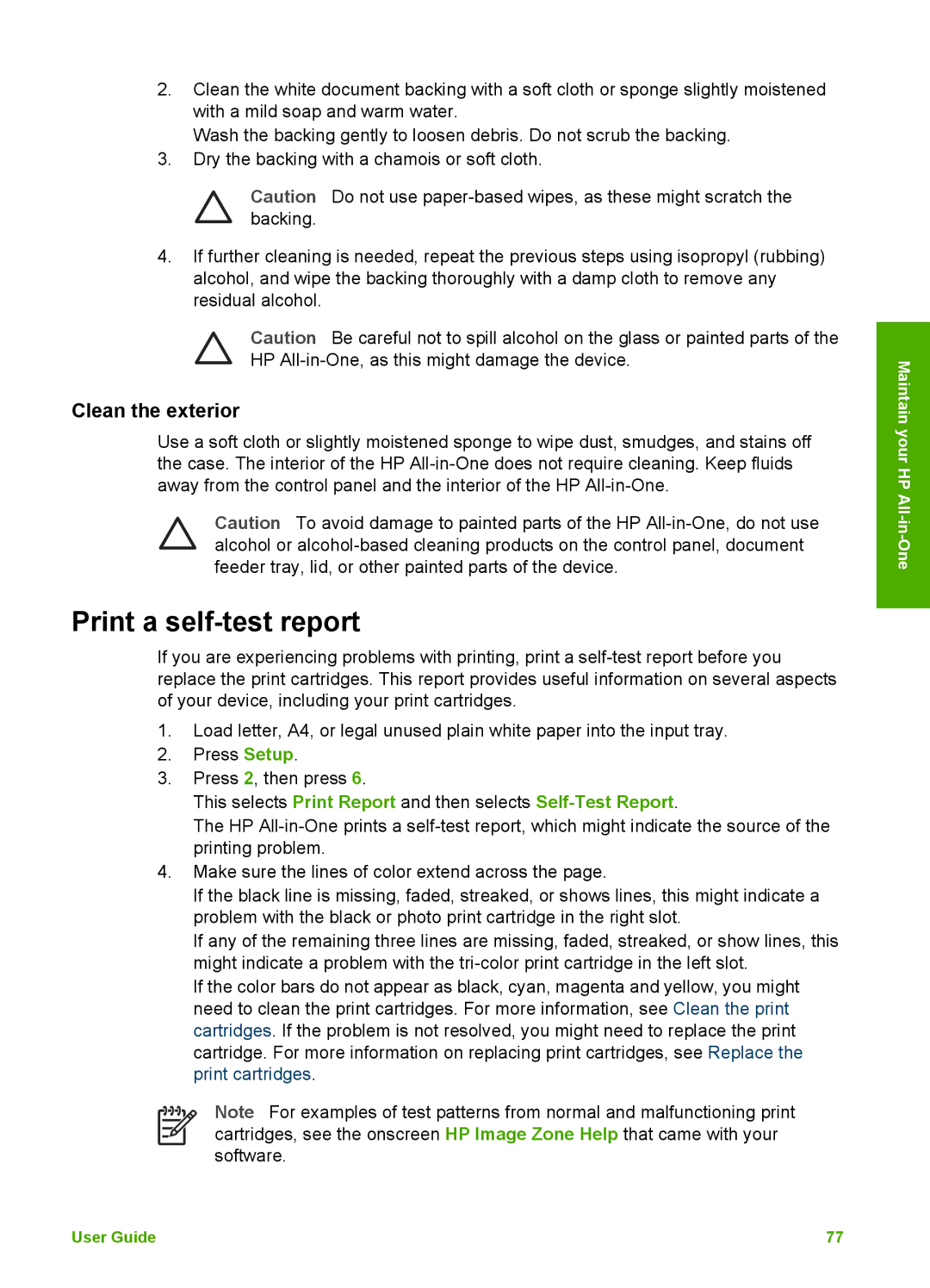 HP 5610v, 5610xi, 5605 manual Print a self-test report, Clean the exterior 