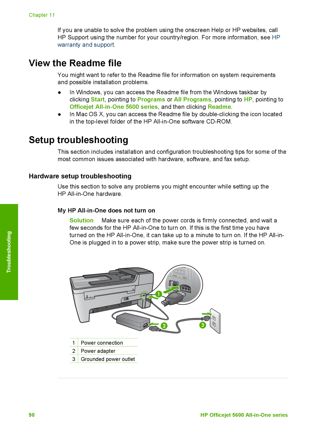 HP 5610 View the Readme file, Setup troubleshooting, Hardware setup troubleshooting, My HP All-in-One does not turn on 