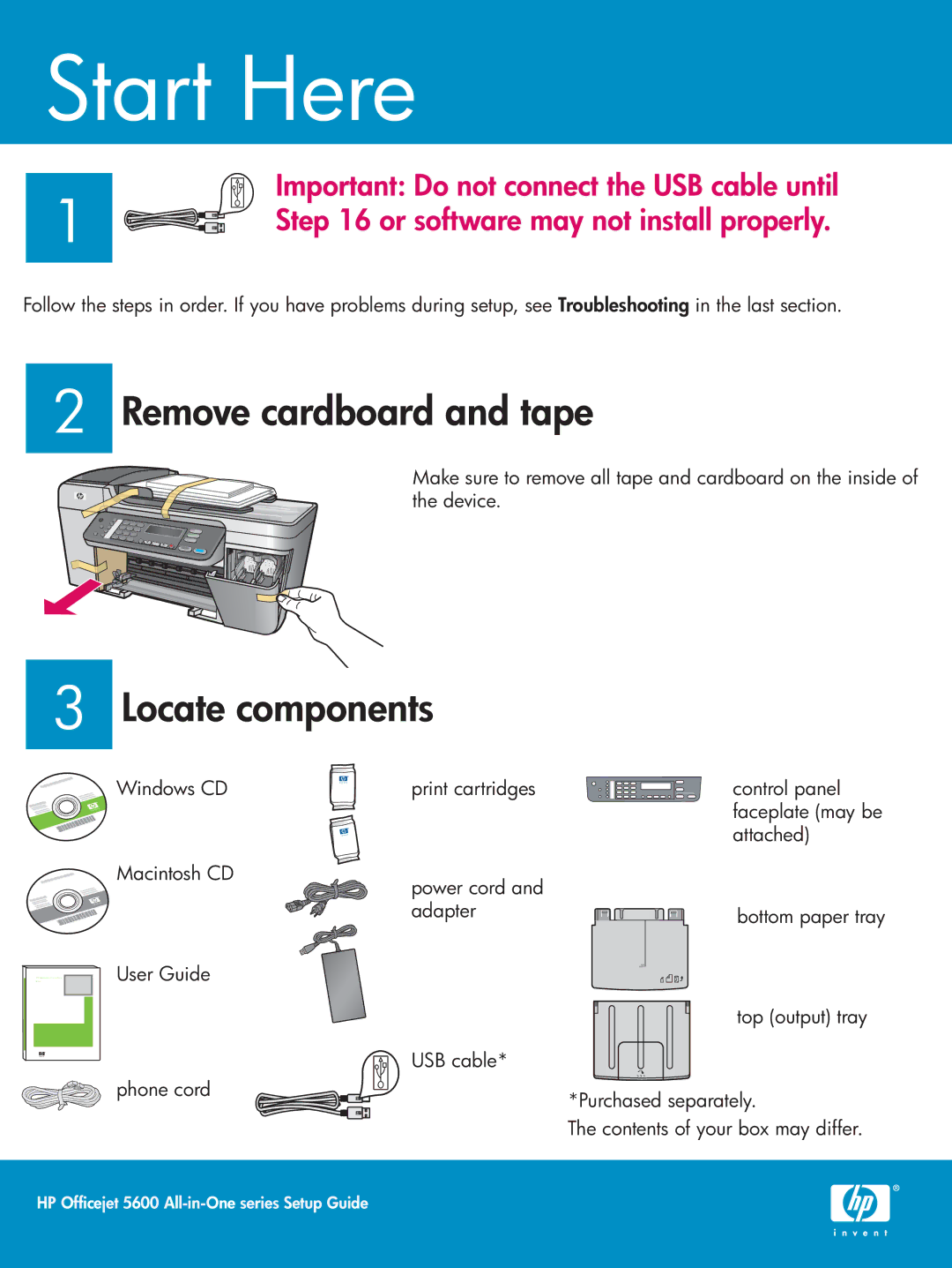 HP 5610xi, 5610v manual Remove cardboard and tape, Locate components 