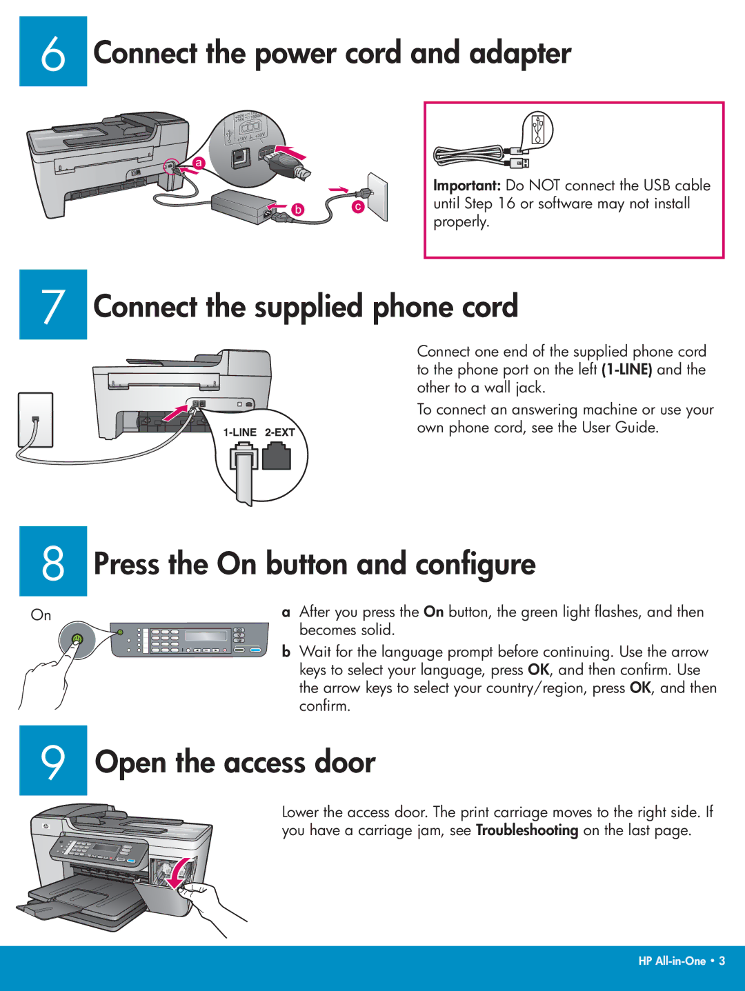 HP 5610xi, 5610v Connect the power cord and adapter, Connect the supplied phone cord, Press the On button and conﬁgure 