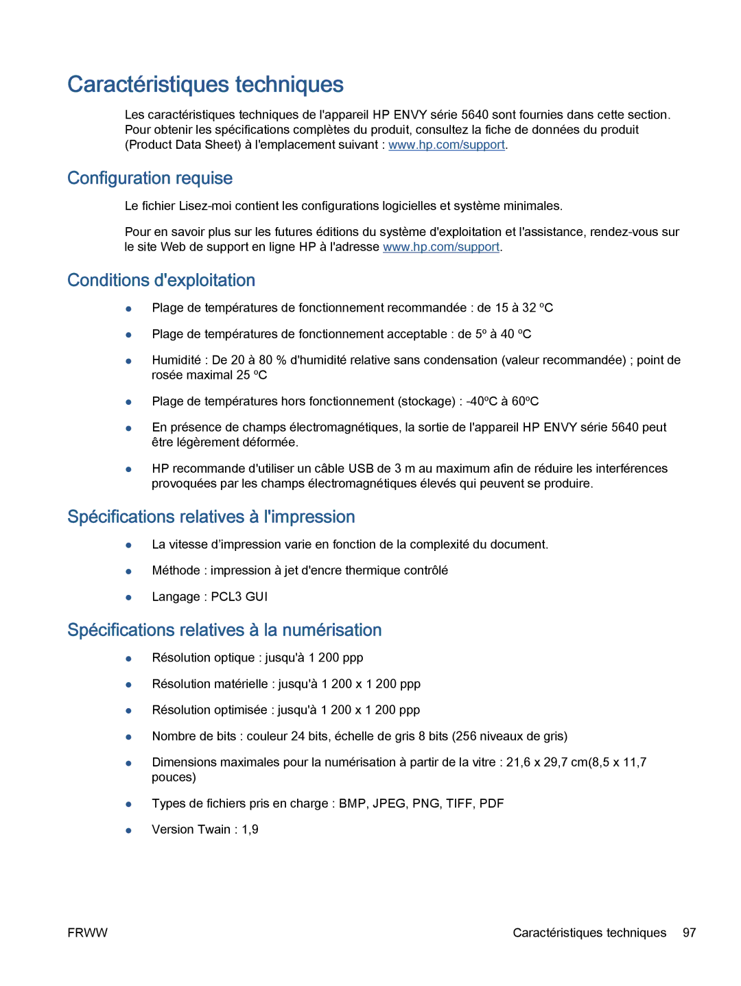 HP 5643 manual Caractéristiques techniques, Configuration requise, Conditions dexploitation 