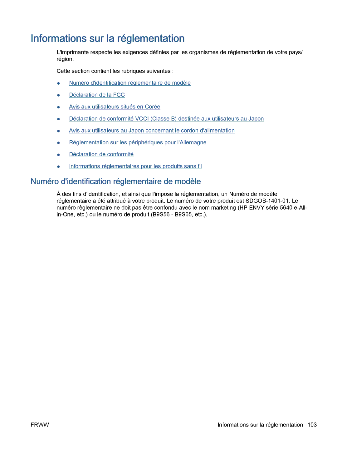 HP 5643 manual Informations sur la réglementation, Numéro didentification réglementaire de modèle 
