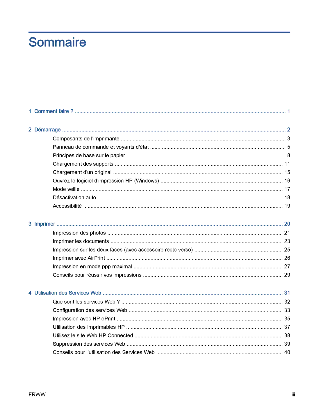 HP 5643 manual Sommaire, Frww 