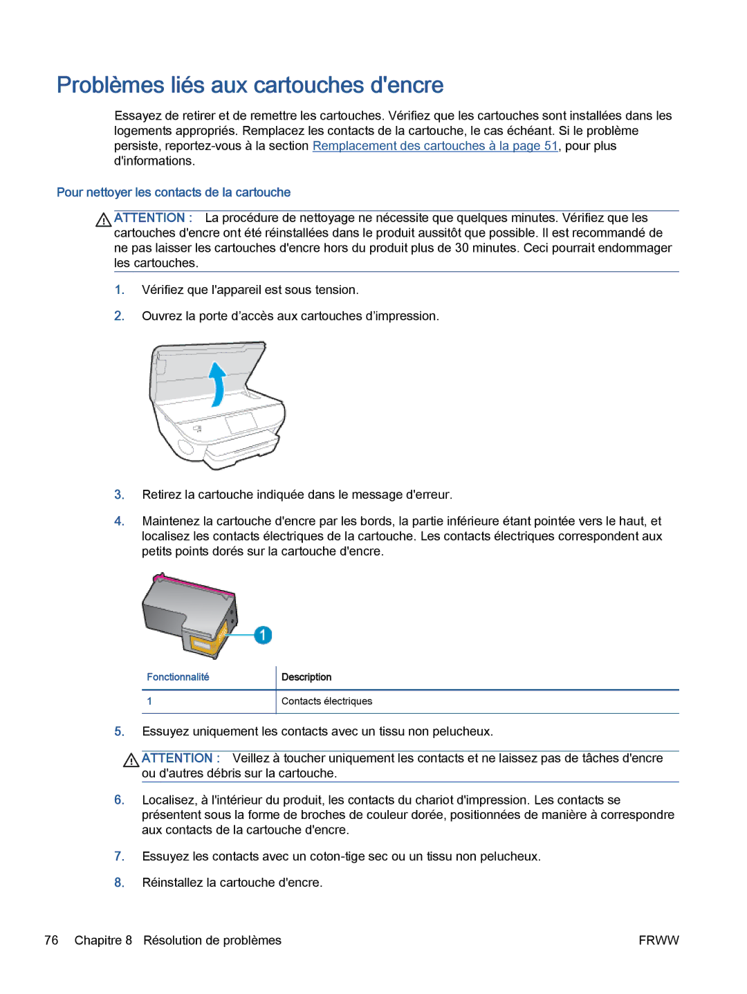 HP 5643 manual Problèmes liés aux cartouches dencre, Pour nettoyer les contacts de la cartouche 