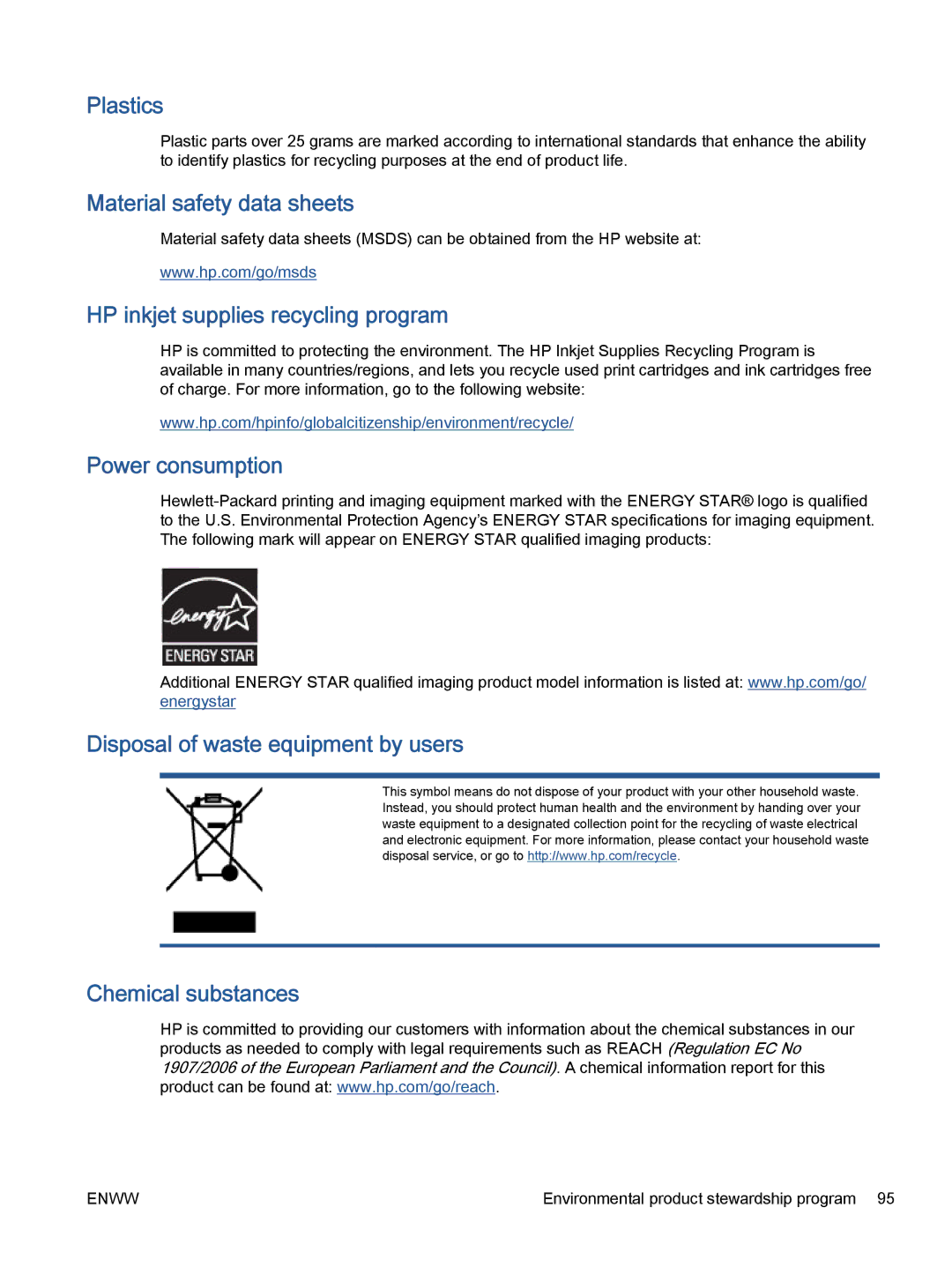 HP 5665, 5660 manual Plastics, Material safety data sheets, HP inkjet supplies recycling program, Power consumption 