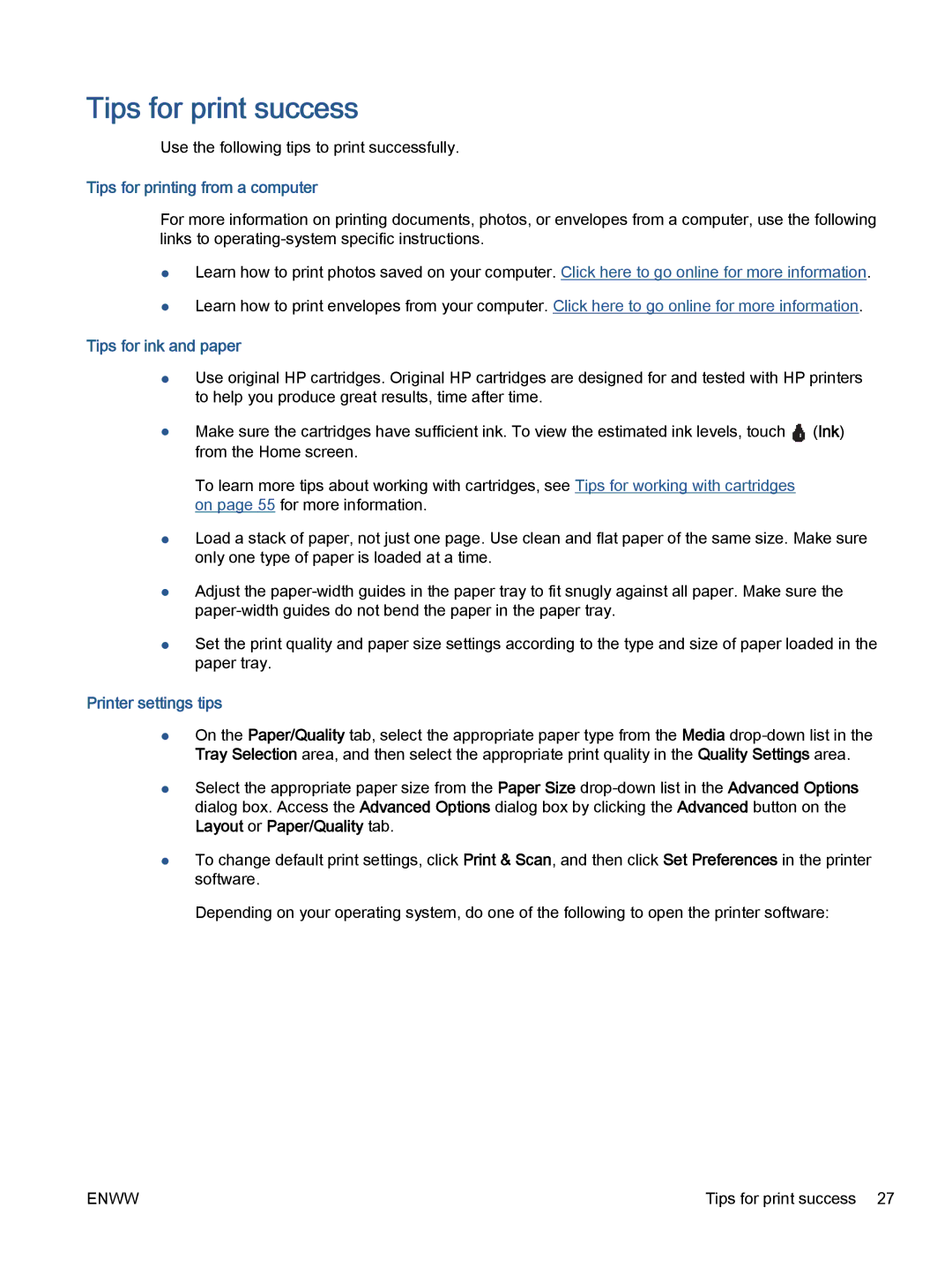 HP 5665, 5660 Tips for print success, Tips for printing from a computer, Tips for ink and paper, Printer settings tips 