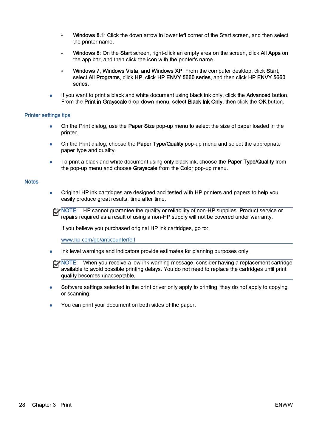 HP 5660, 5665 manual Printer settings tips 