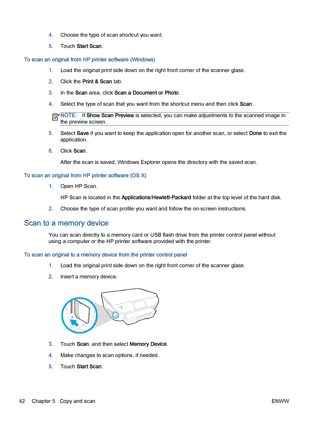 HP 5660, 5665 manual Scan to a memory device, Touch Start Scan, To scan an original from HP printer software Windows 