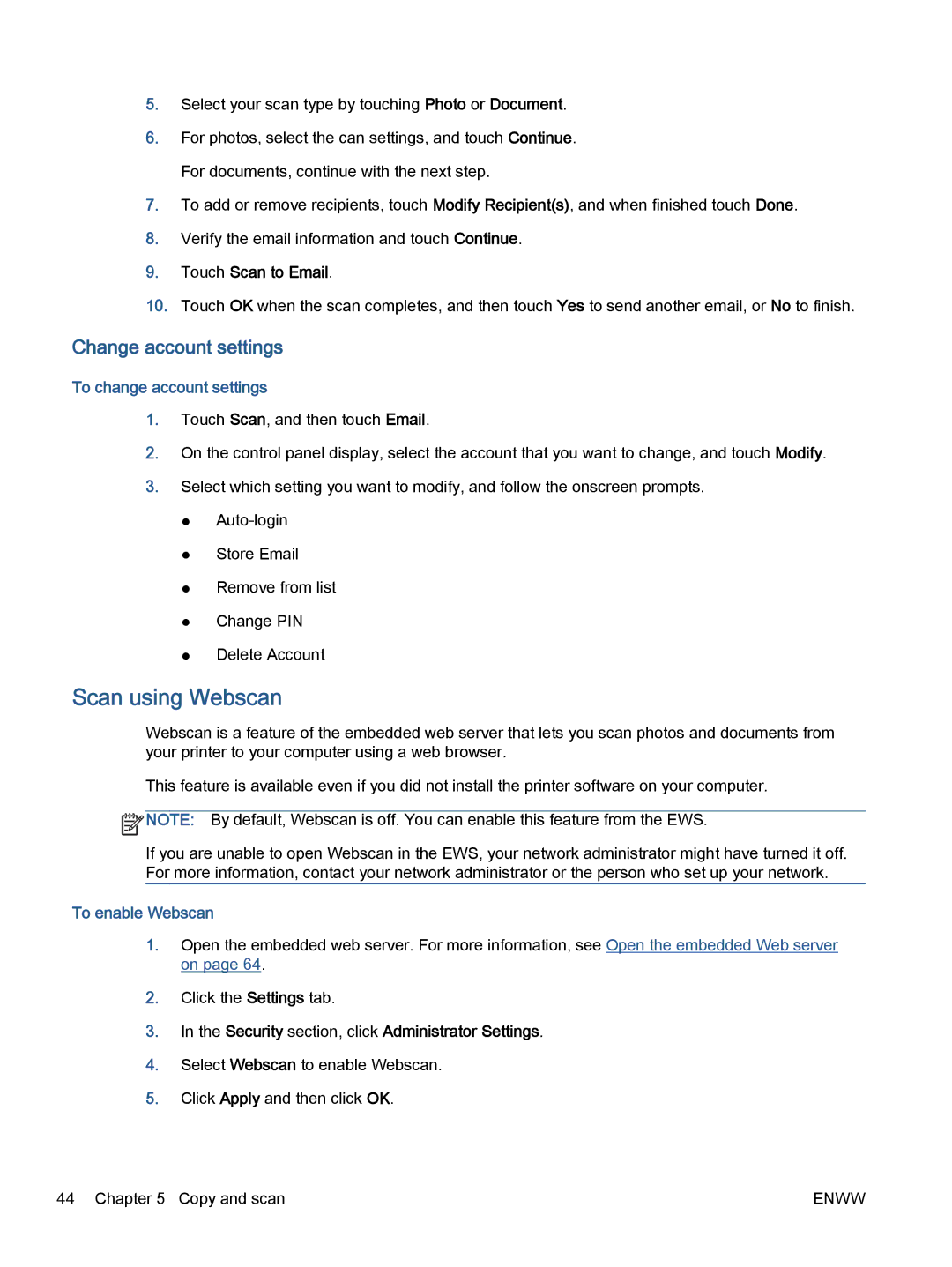 HP 5660 Scan using Webscan, To change account settings, To enable Webscan, Security section, click Administrator Settings 