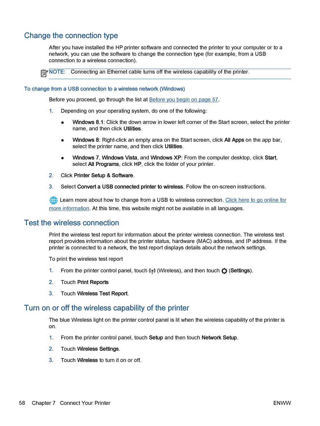 HP 5660 Change the connection type, Test the wireless connection, Turn on or off the wireless capability of the printer 