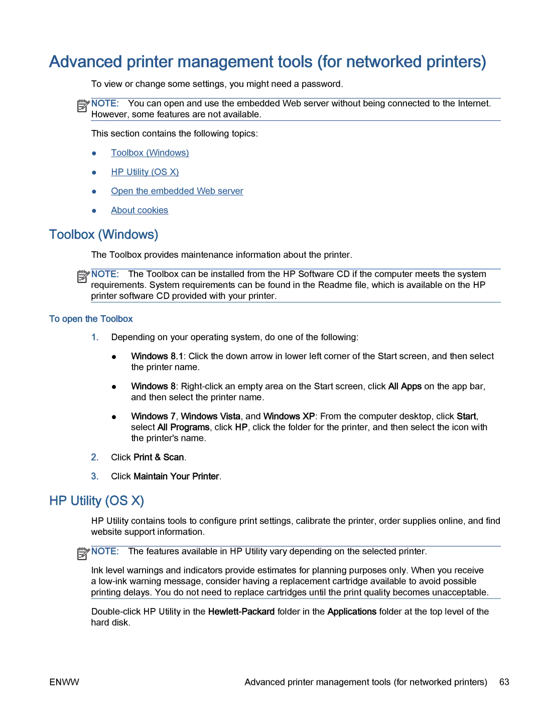 HP 5665 Advanced printer management tools for networked printers, Toolbox Windows, HP Utility OS, To open the Toolbox 