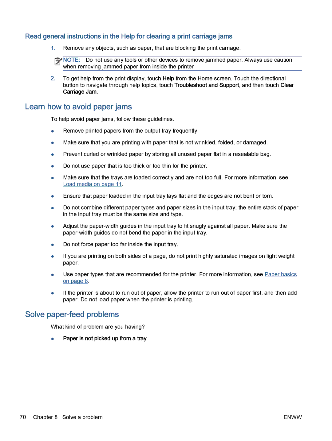 HP 5660, 5665 manual Learn how to avoid paper jams, Solve paper-feed problems, Paper is not picked up from a tray 