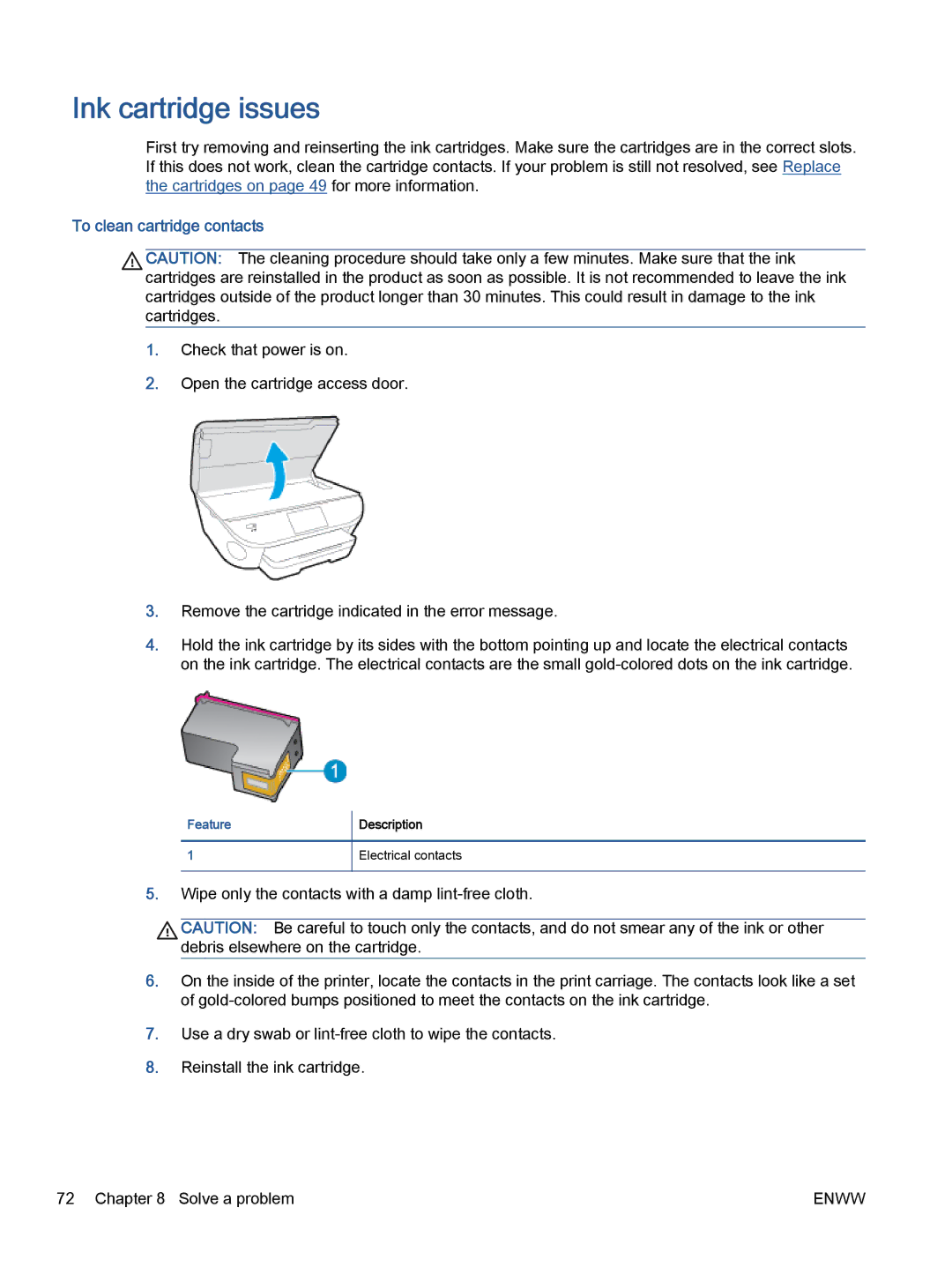 HP 5660, 5665 manual Ink cartridge issues, To clean cartridge contacts 