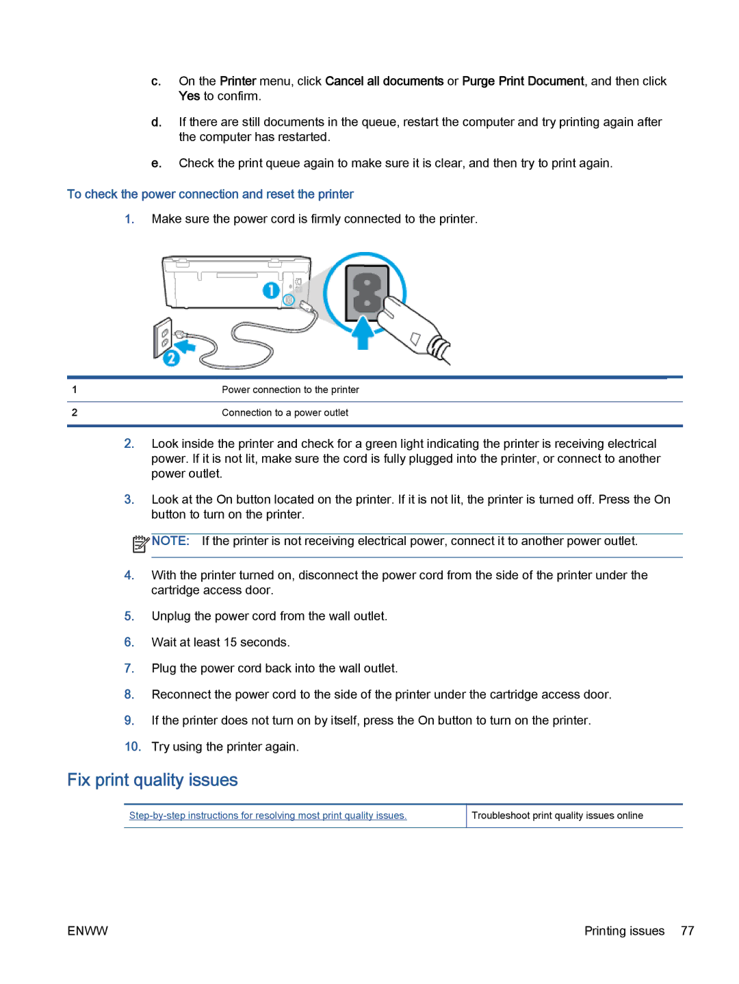 HP 5665, 5660 manual Fix print quality issues, To check the power connection and reset the printer 