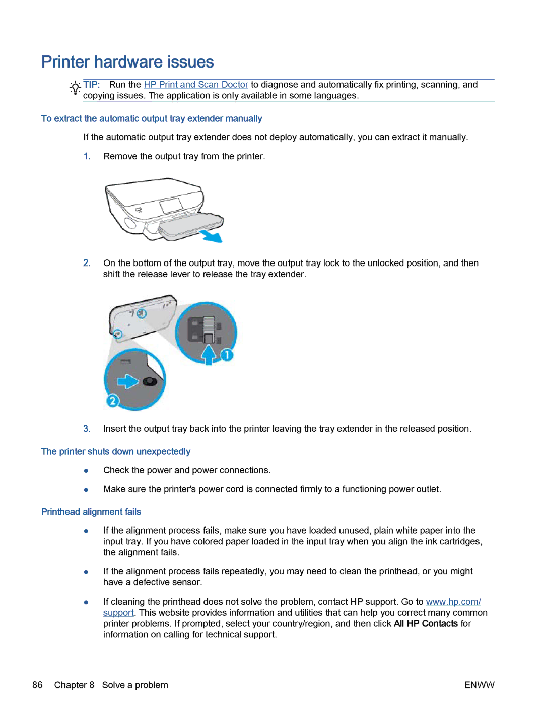 HP 5660 Printer hardware issues, To extract the automatic output tray extender manually, Printer shuts down unexpectedly 