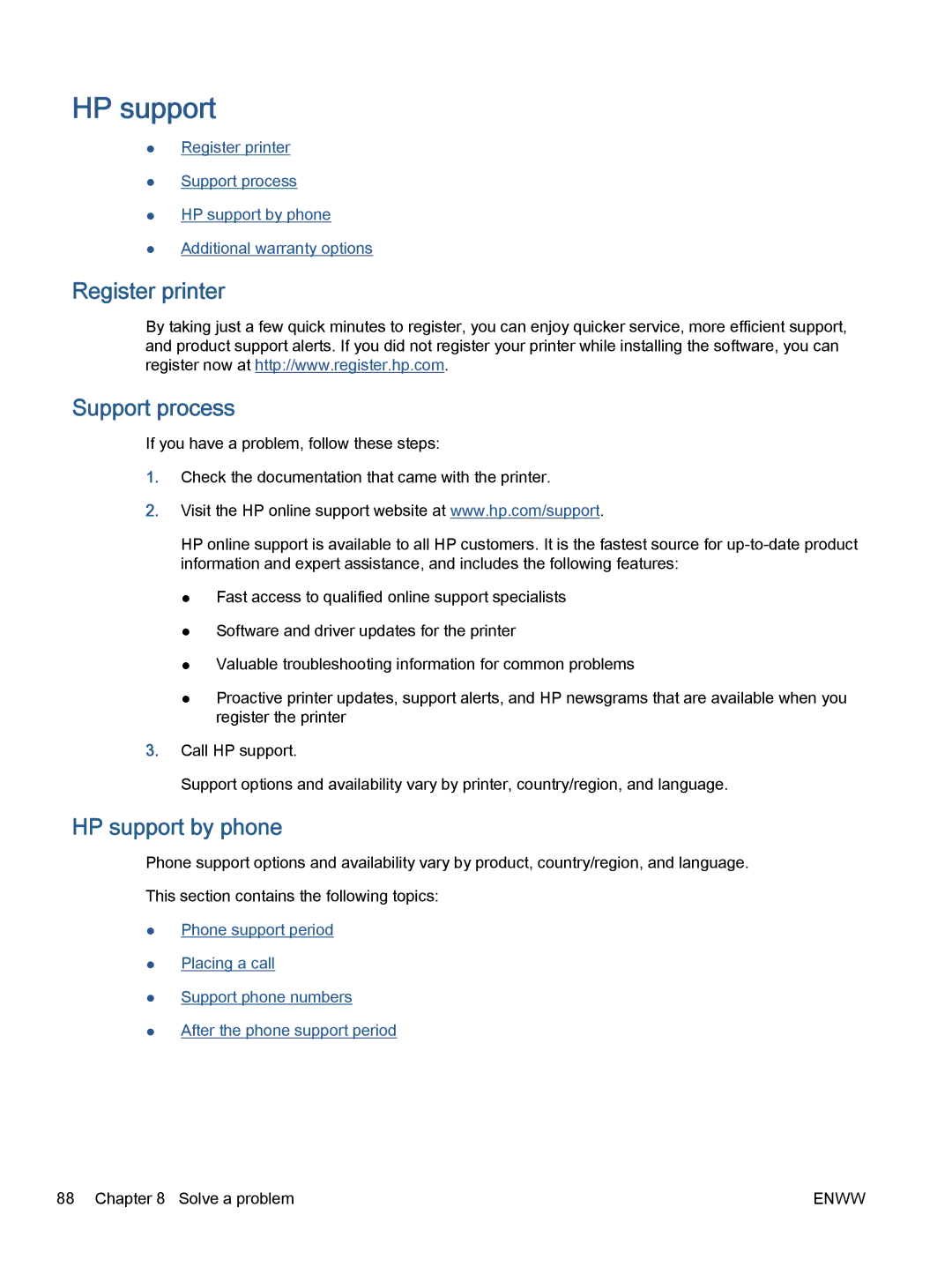 HP 5660, 5665 manual Register printer Support process, HP support by phone 