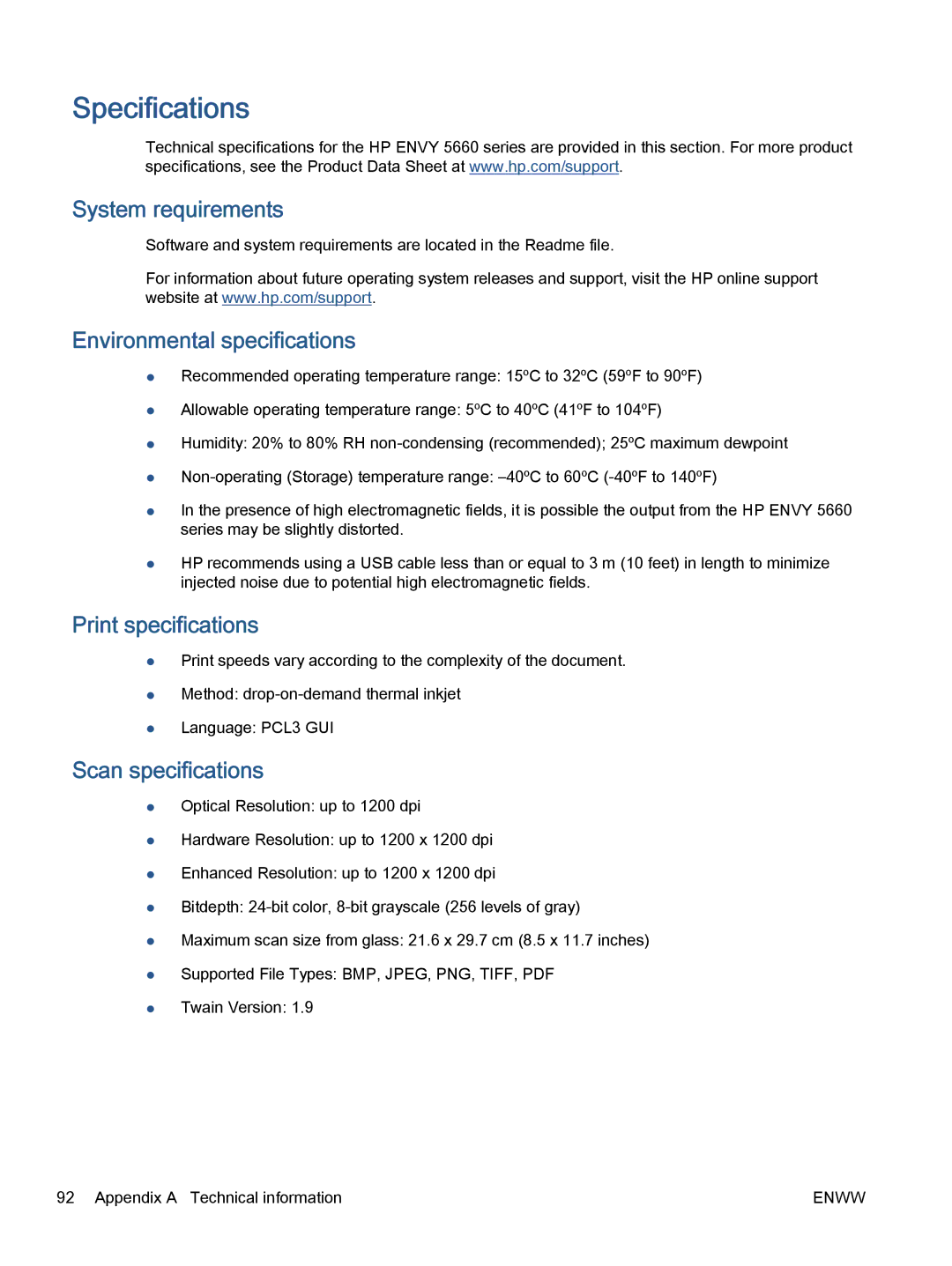 HP 5660, 5665 Specifications, System requirements, Environmental specifications, Print specifications, Scan specifications 