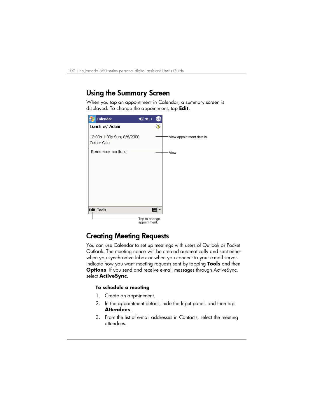 HP 564, 568, 567 manual Using the Summary Screen, Creating Meeting Requests 