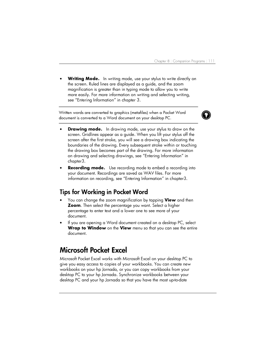 HP 567, 568, 564 manual Microsoft Pocket Excel, Tips for Working in Pocket Word 