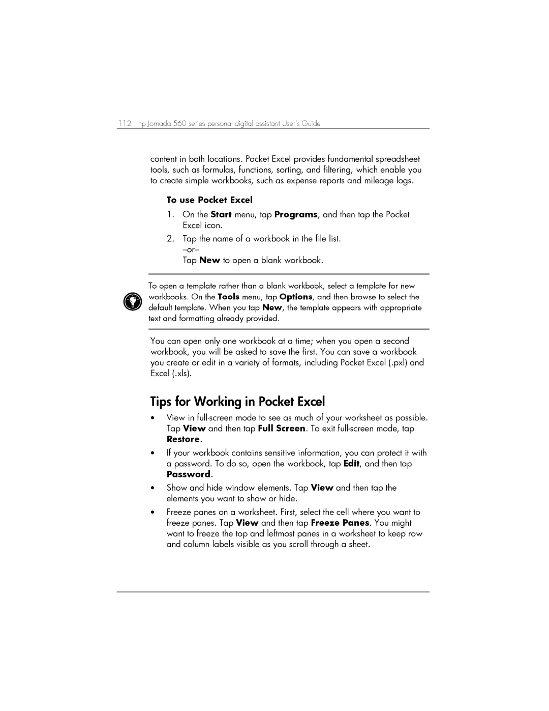 HP 564, 568, 567 manual Tips for Working in Pocket Excel, To use Pocket Excel 