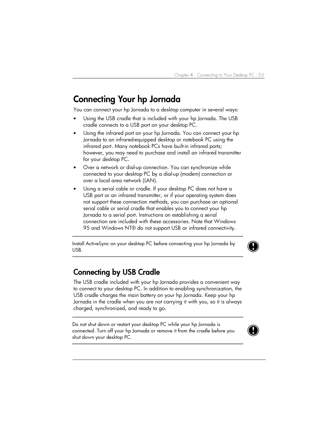 HP 568, 567, 564 manual Connecting Your hp Jornada, Connecting by USB Cradle 