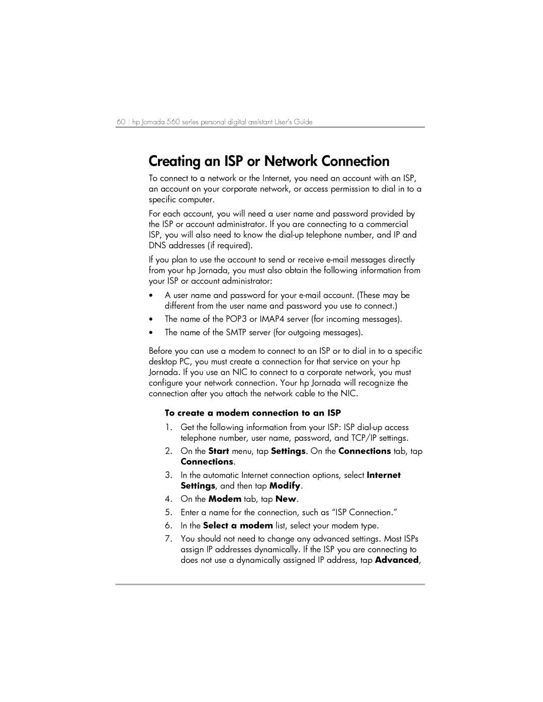 HP 567, 568, 564 manual Creating an ISP or Network Connection, To create a modem connection to an ISP 