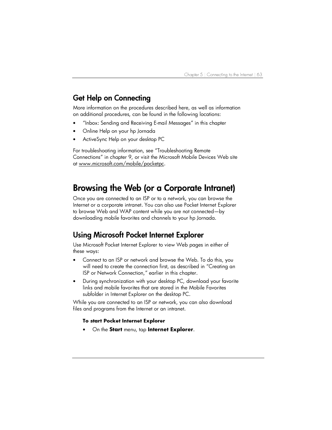 HP 567, 568, 564 Browsing the Web or a Corporate Intranet, Get Help on Connecting, Using Microsoft Pocket Internet Explorer 