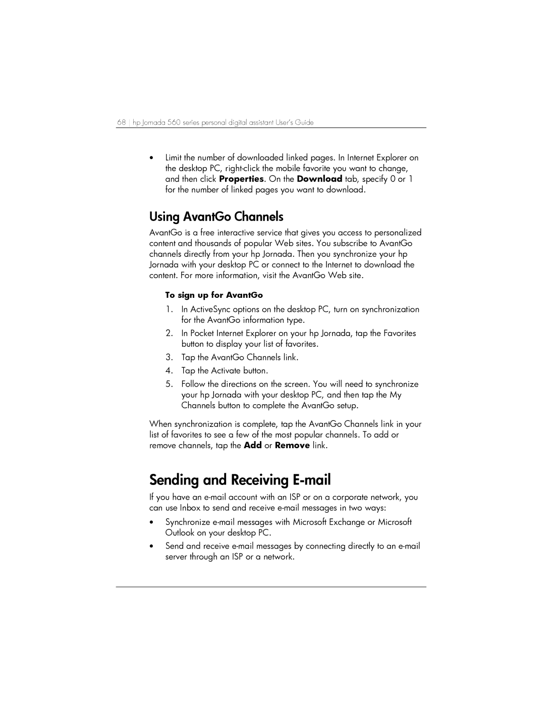 HP 568, 567, 564 manual Sending and Receiving E-mail, Using AvantGo Channels 