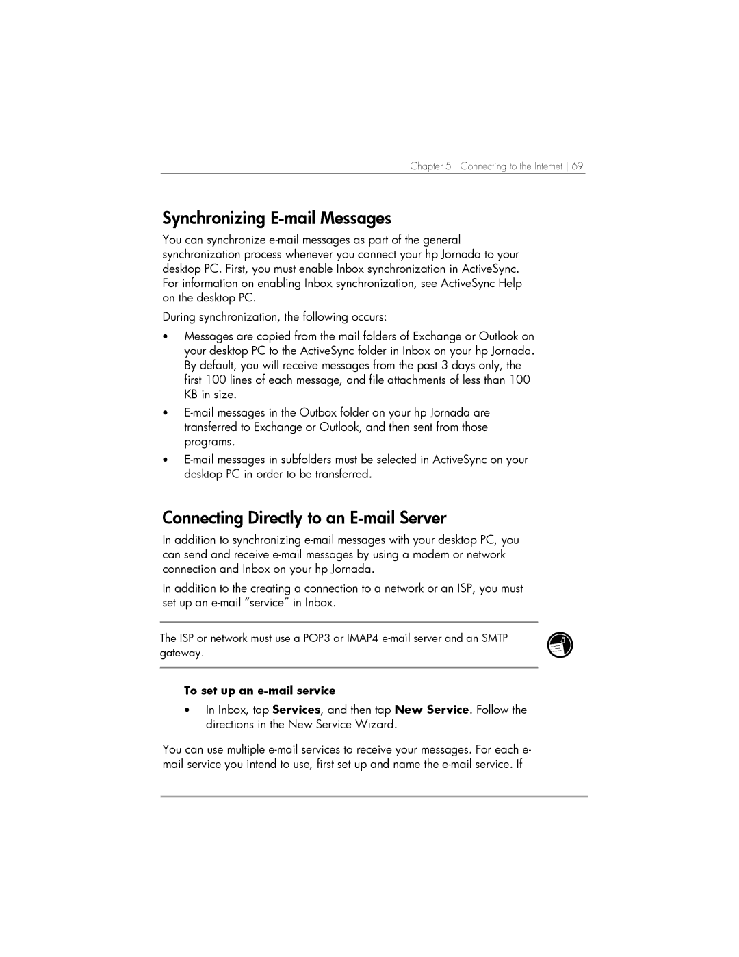 HP 567, 568, 564 manual Synchronizing E-mail Messages, Connecting Directly to an E-mail Server 