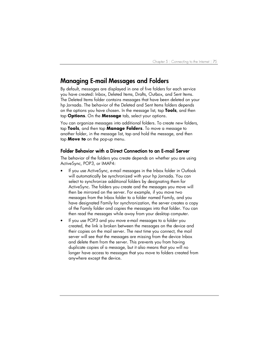 HP 567, 568, 564 manual Managing E-mail Messages and Folders, Folder Behavior with a Direct Connection to an E-mail Server 