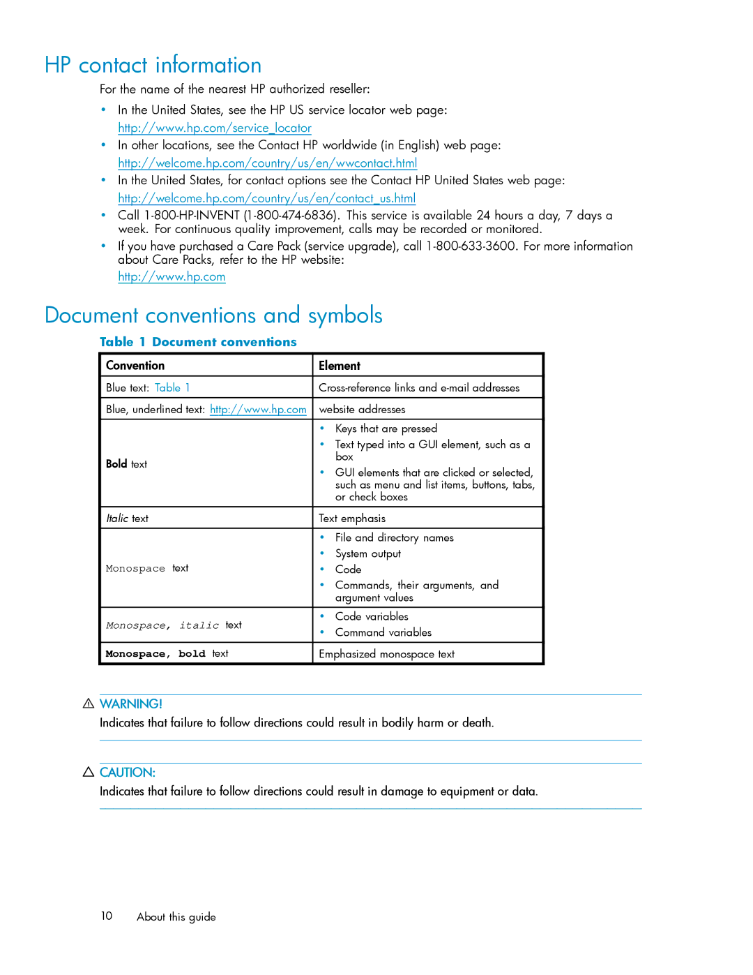 HP 5697-7483 manual HP contact information, Document conventions and symbols, Convention Element 