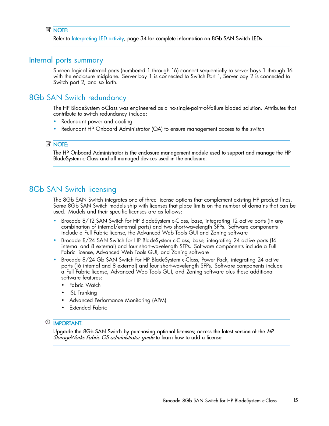 HP 5697-7483 manual Internal ports summary, 8Gb SAN Switch redundancy, 8Gb SAN Switch licensing 