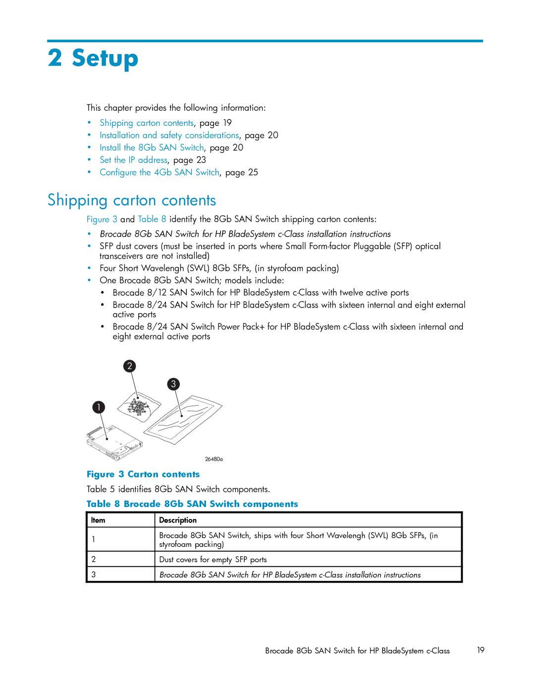 HP 5697-7483 manual Setup, Shipping carton contents 