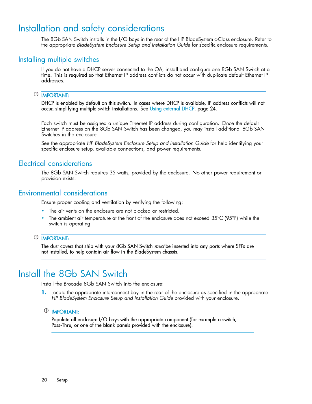 HP 5697-7483 manual Installation and safety considerations, Install the 8Gb SAN Switch, Installing multiple switches 