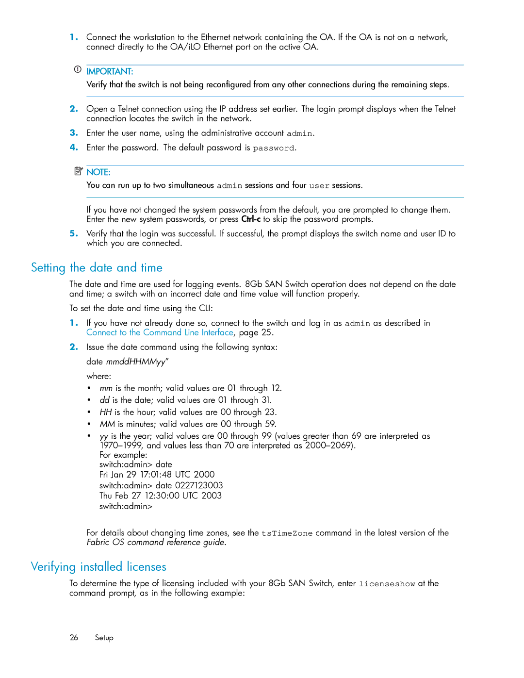 HP 5697-7483 manual Setting the date and time, Verifying installed licenses 