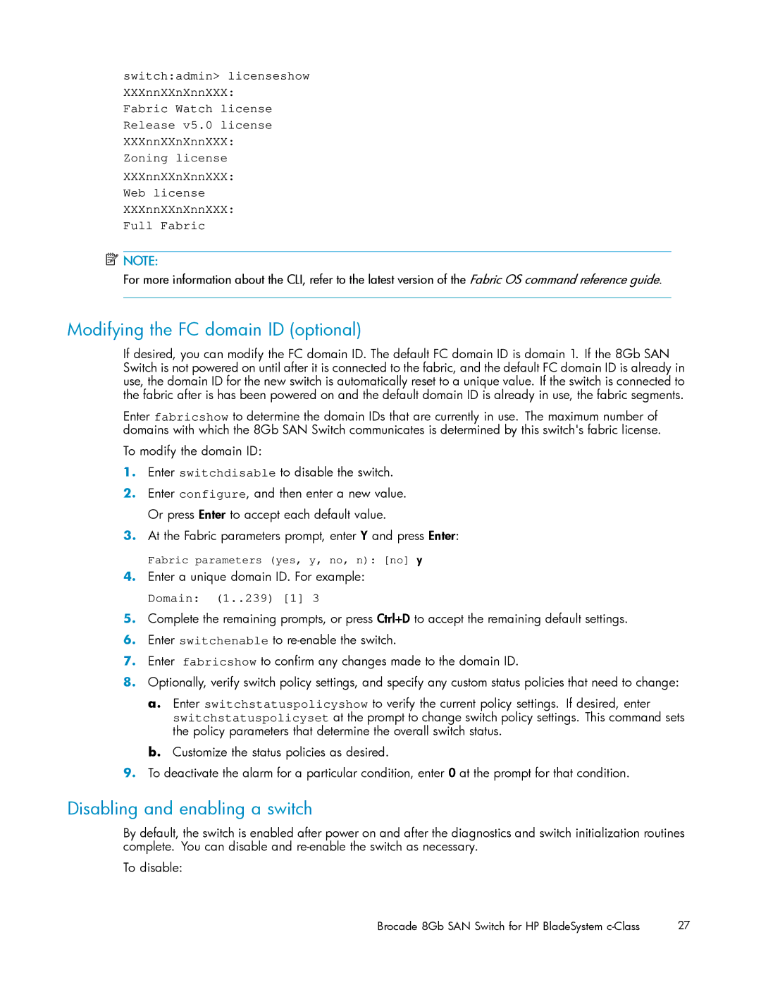 HP 5697-7483 Modifying the FC domain ID optional, Disabling and enabling a switch, Enter a unique domain ID. For example 