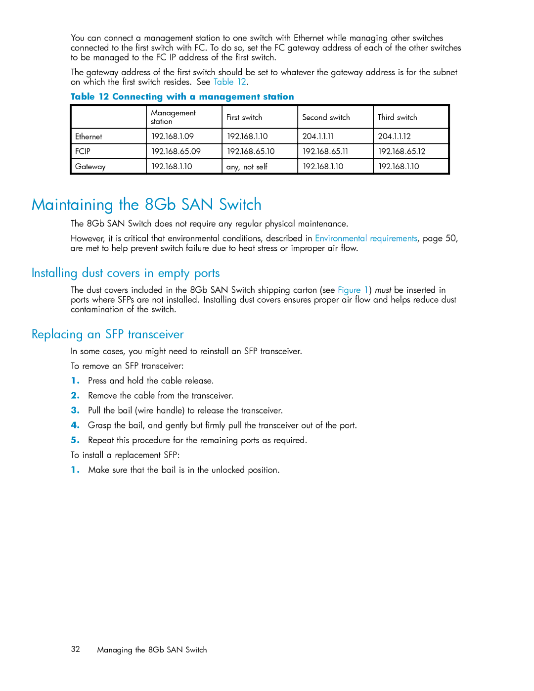 HP 5697-7483 manual Maintaining the 8Gb SAN Switch, Installing dust covers in empty ports, Replacing an SFP transceiver 