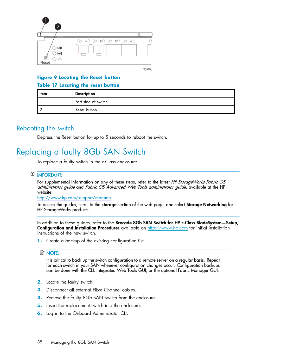 HP 5697-7483 manual Replacing a faulty 8Gb SAN Switch, Rebooting the switch 